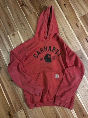 Carhartt Distressed Red Pullover Hoodie Sweatshirt